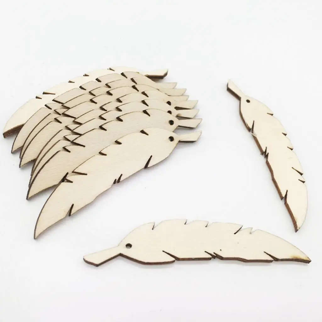 

50 Pieces Unfinished Wood Feather Wooden Shapes with Hole Scrapbook Embellishment for DIY Party Hanging Decoration
