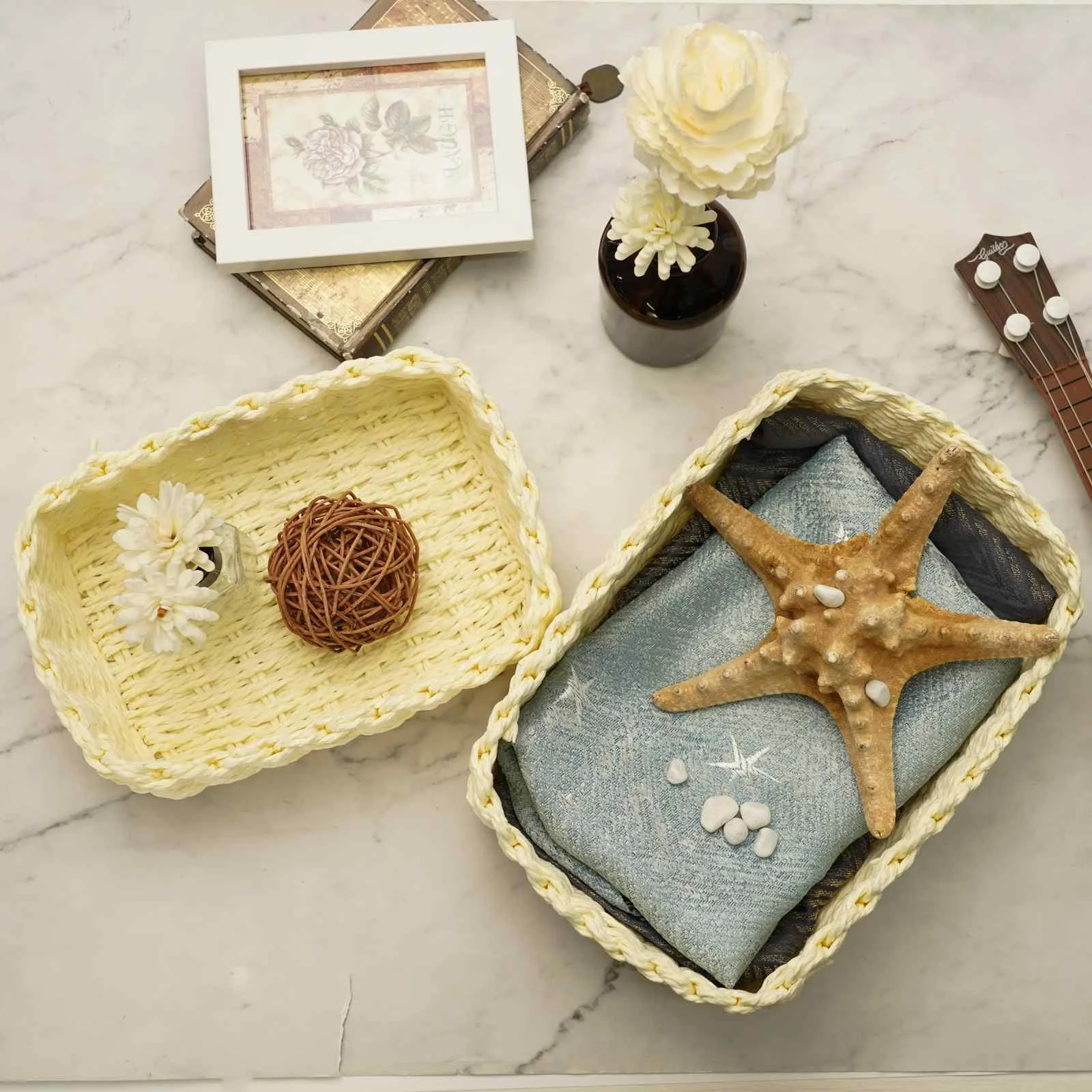 

4pcs DIY Patch Handmade Wicker Storage Basket Cosmetic Storage Box Desktop Sundries Organizer Boxes Christmas Decor