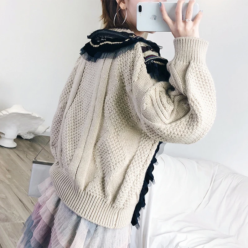 Большой размер большой бисер жемчуг зимний свитер для женщин VintageThicken шерстяной