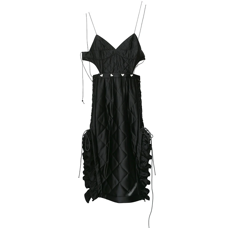 

TWOTWINSTYLE Cotton Black Dress For Women V Neck Sleeveless High Waist Sling Dresses Female Winter New Clothing 2021 Fashion