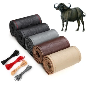 car steering wheel cover diy genuine leather braid on the steering wheel with needles thread car styling interior accessories free global shipping