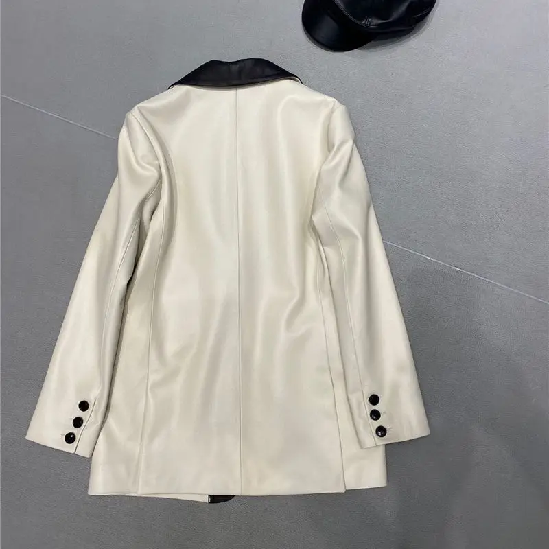 Women 100% real sheepskin black white jacket ladies autumn winter casual genuine leather suit blazer