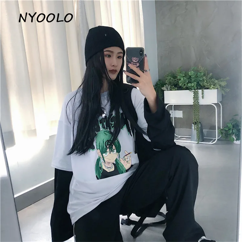 NYOOLO Harajuku стиль зеленый Смешной Персонаж печати лоскутный Топ осень уличная Поддельные 2 шт. футболка с длинными рукавами для женщин и мужчин