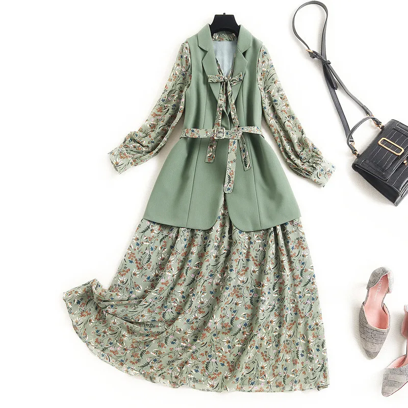 

Элегантная Женская Весенняя модная одежда с воротником-стойкой и галстуком-бабочкой с длинными рукавами, шифоновое платье, с принтом, костю...