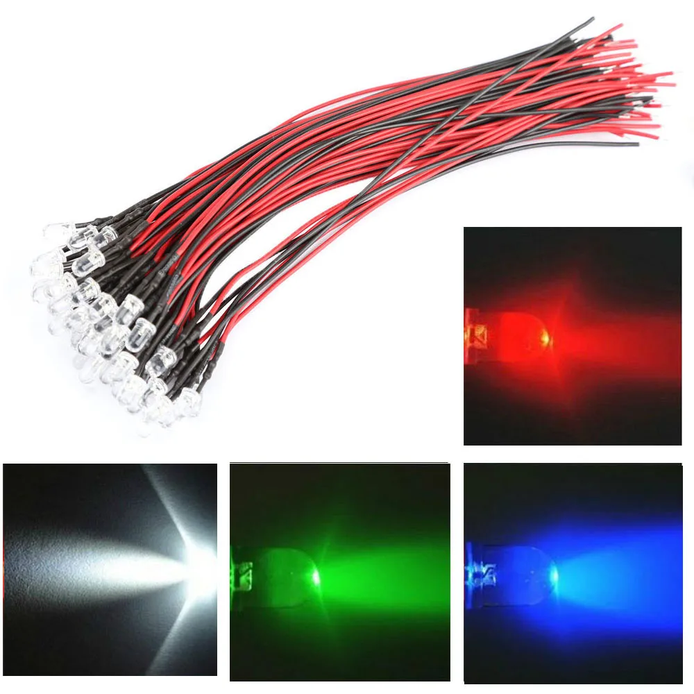 

50pcs/lot DC 12V 5mm Vehicle Car Decor LED Long Bright Lamp Bulbs with Wire Car Accessories