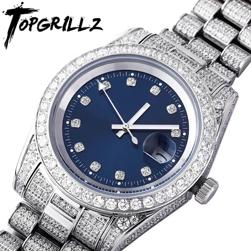 

TOPGRILLZ Iced Presidential Mens Watch Luxury 18K White Gold stainless steel Watch with zirconia
