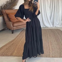 women dress puff sleeve ruffles hem summer back lace up square neck patchwork dress for dating