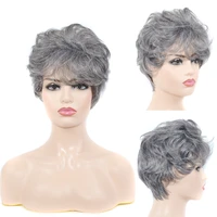 synthetic short straight hair wig for women gray white hair puffy bangs heat resistant highlight wigs