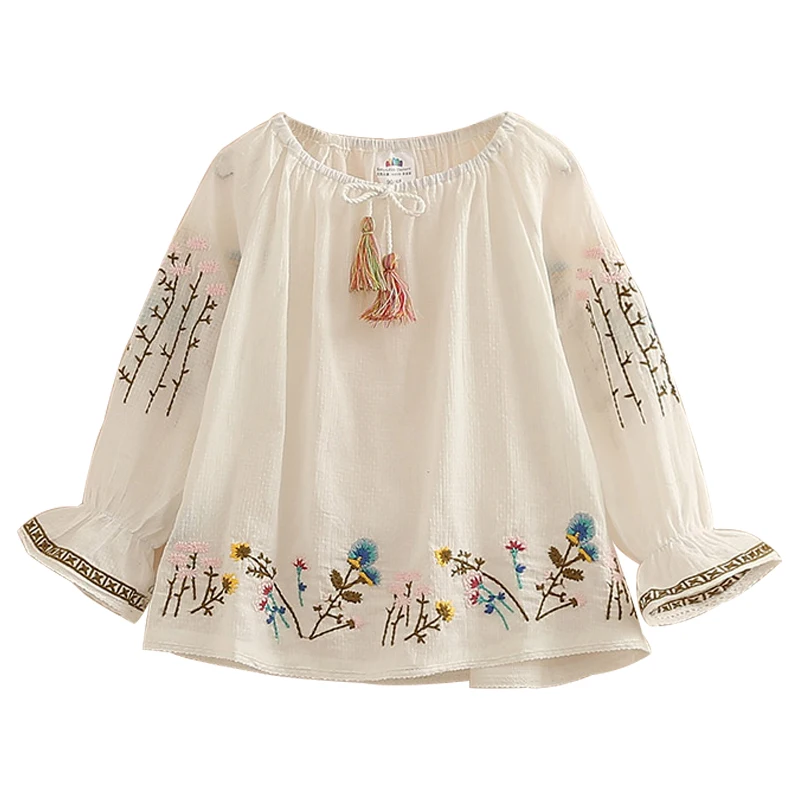 Детская блузка для девочек весна осень 2020 темно синие Белые блузы с вышивкой и