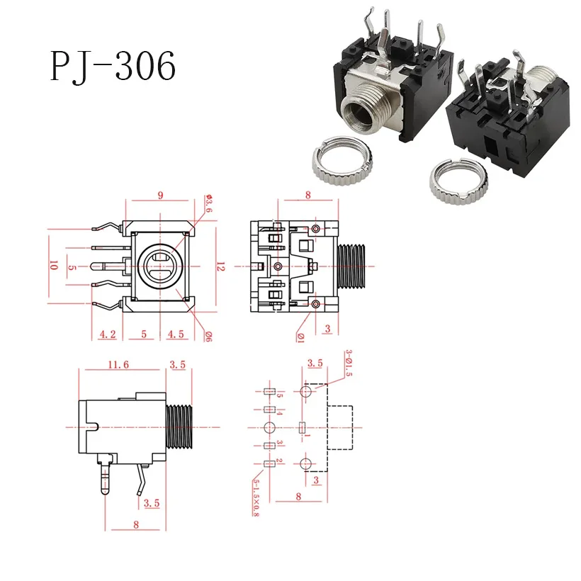 5Pcs 2.5/3.5/6.35mm PJ612A PJ316 PJ341 PJ201M PJ210B PJ307 PJ301M PJ306/M Female Jack Headphone Connector 3/4/5/8/11Pin with Nut images - 6
