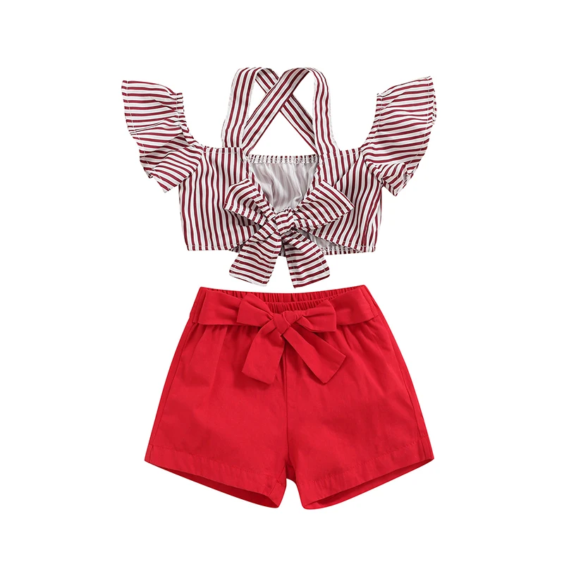 

Lovely Baby Girl Shorts Set, Off Shoulder Stripe Wide Shoulder Strap Bow Knot Crop Tops Solid Short Pants, Kids Clothing