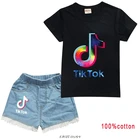 Комплект модной детской летней повседневной одежды Tik Tok футболка с набивным рисунком + детские джинсы для маленьких детей, комплект одежды из хлопка для девочек; Комплекты с шортами