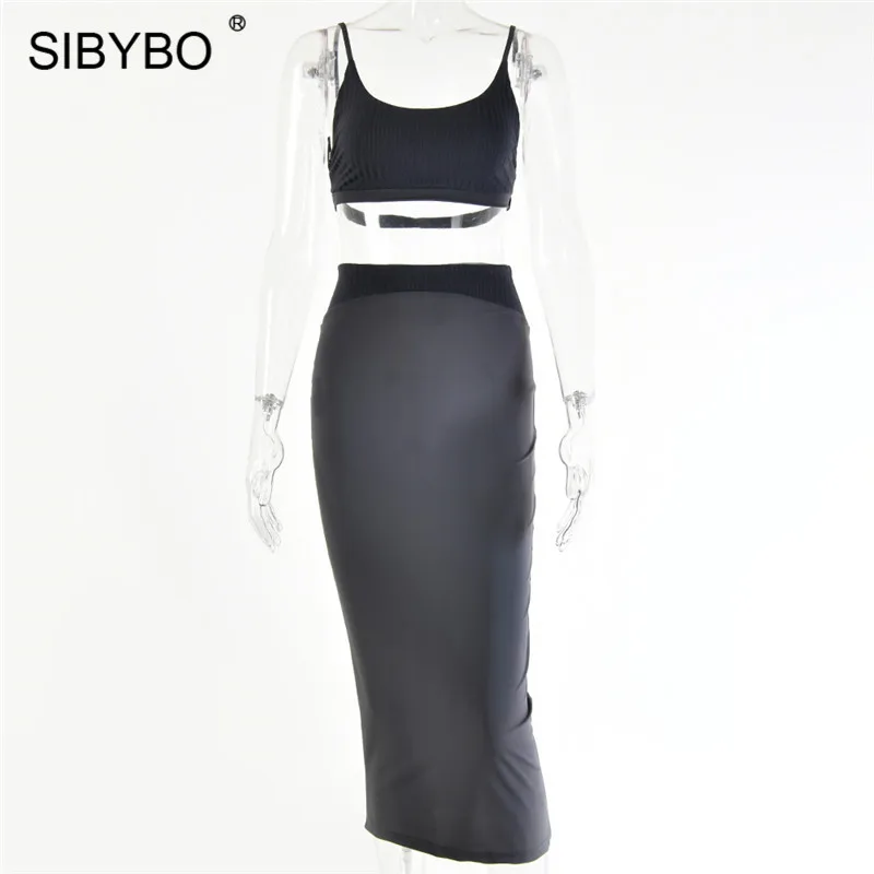 As Shown Sibybo Backless Ribbed Sexy Two Piece Set Dress Women Sleeveless Bandage Summer Bodycon Dress High Waist Beach Club Party Dress - Цвет: As Shown