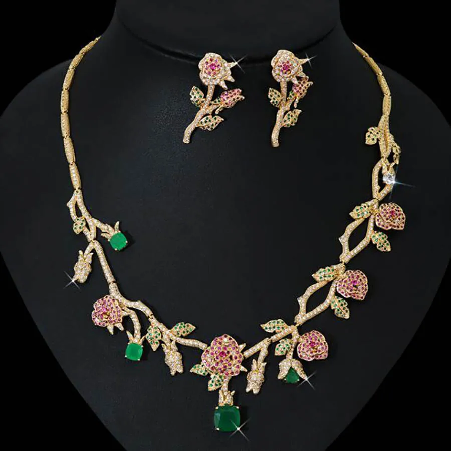 

Europe high-end flower bridal necklace jewelry ethnic personality full rhinestone Camellia zircon gorgeous women earrings set