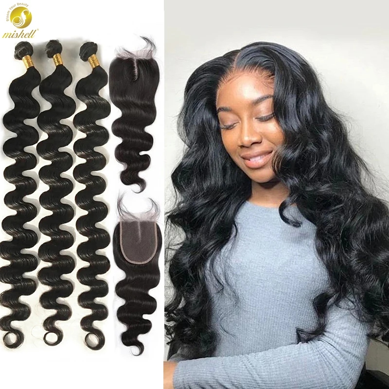 Mishell 28 30 40 Inches Body Wave Bundles With Closure Brazilian Curly 100% Human Hair Water Wave 3 4 Bundles Weave Lace Frontal