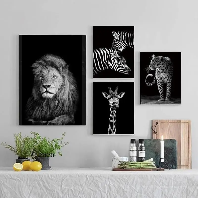 Скандинавская черно-белая животная настенная Картина на холсте Лев Зебра