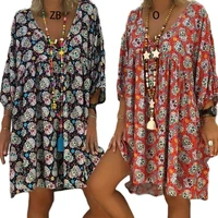 women plus size v neck 34 sleeves loose flowy t shirt dress halloween skull floral casual flared party tunic sundress s 5xl