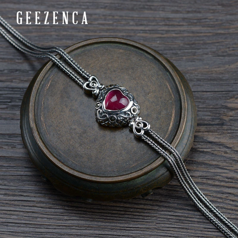 Винтажный Красный корундовый браслет в форме сердца из тайского серебра 925 пробы