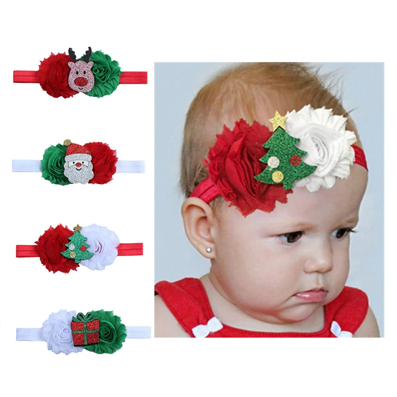 

1pc Christmas Flower Baby Girl Headbands Decorative Cartoon Christmas Style Elastic Hair Band Splicing Ribbon Chiffon Hairbands