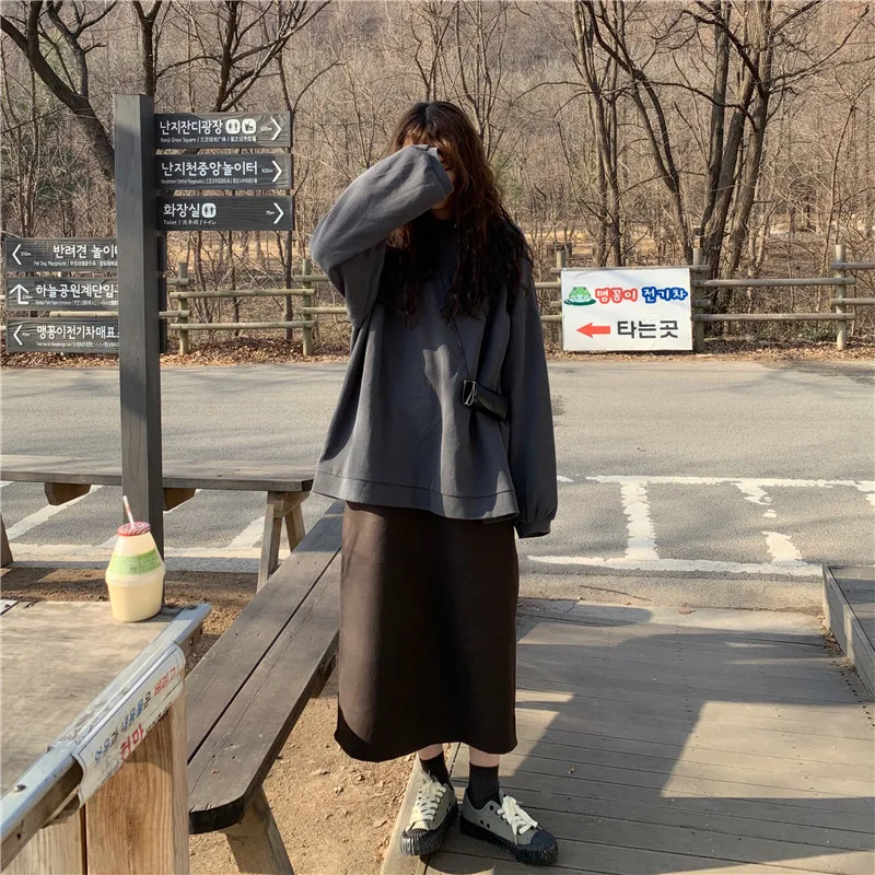 Осень корейский ulzzang мода Свободный Harajuku с длинными рукавами свитер ins простой сплошной цвет o-образным вырезом Повседневная Женская толстовка