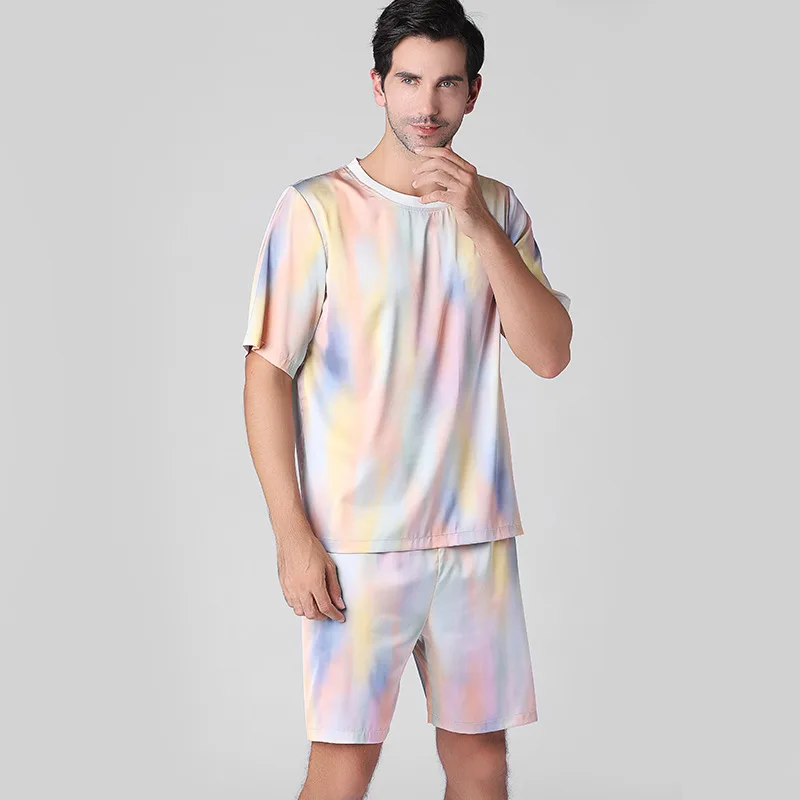 

Colorful Silk Satin Pajama Set Men Fashion Short Sleeve O Neck Men Pajamas Casual Sleepwear Pijama T-shirt & Shorts Soft Pijamas
