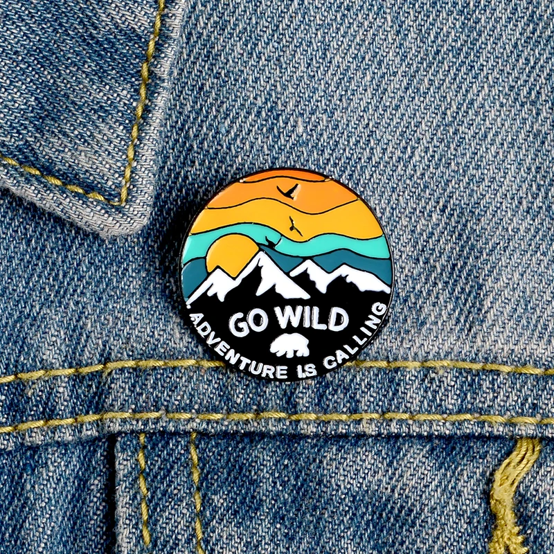 

Go Wild Adventure Is Calling Enamel Pins Mountain Polar Bear Explore Nature Round Brooch Badge Travel Pin Outdoorsy Gift