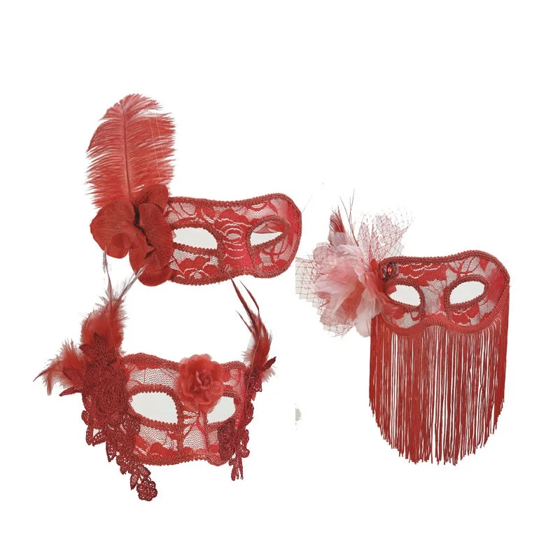 

Big Red Beauty Party Halloween Feather Veil Adult Prom Half Face Mask