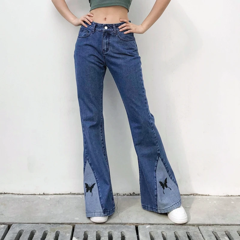 

Y2K Harajuku Streetwear Baggy Flare Jeans Pants Jogger Women Patchwork Butterfly Print Denim Sweatpants E-girl Vintage Trousers