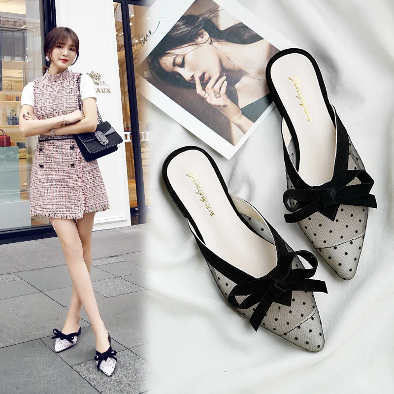 

web celebrity with lace white gauze muller shoes pointed baotou flat shoes half dragged outside wear cool slippers