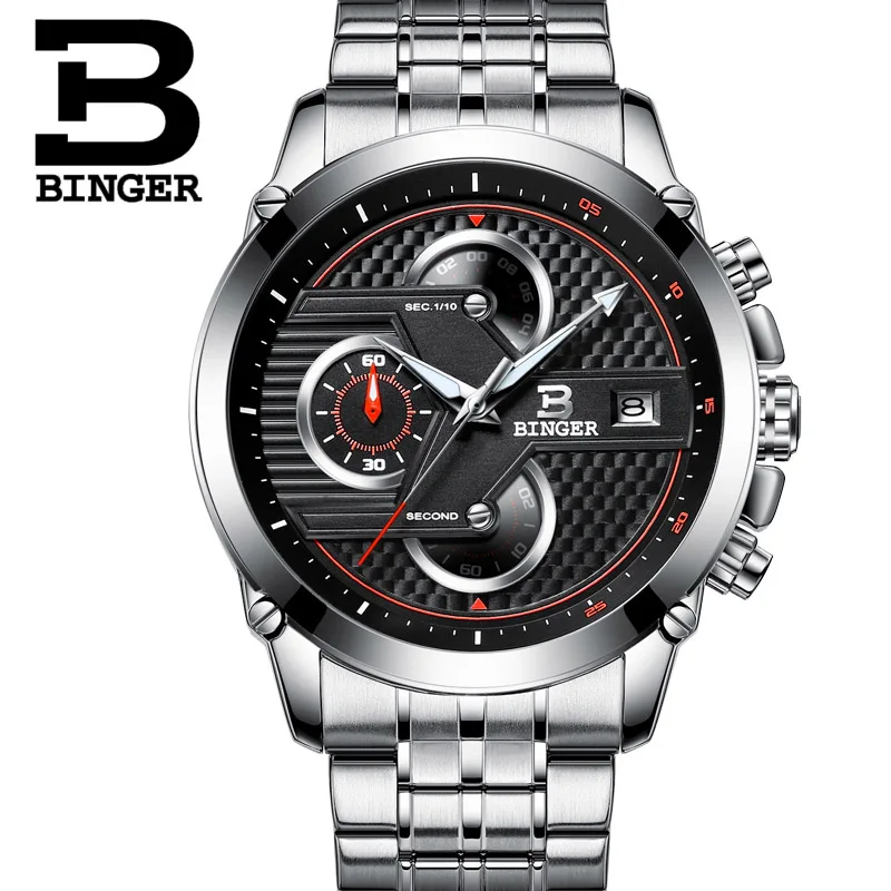 Мужские кварцевые часы BINGER спортивные с хронографом из нержавеющей стали