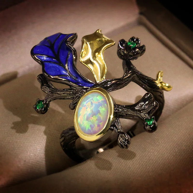 

CIZEVA Women's Bohemia Jewelry Retro Branch Leaves Inlay Opal Color Ring Female Cocktail Party Ring Christmas Gift