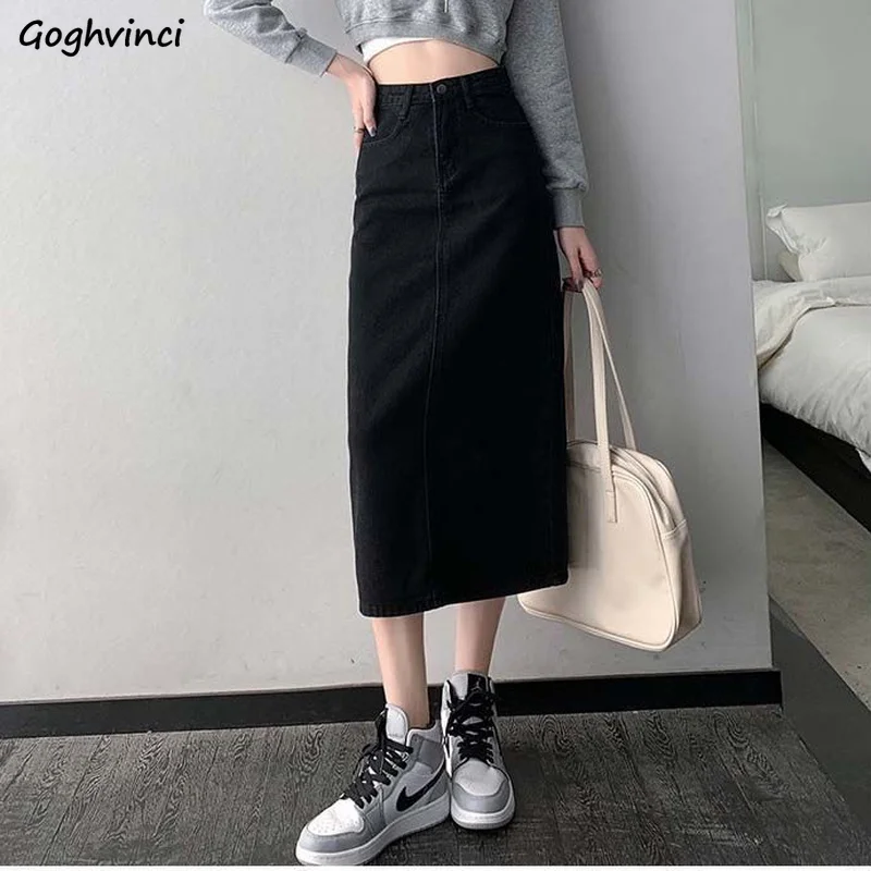 

Skirts Women Side-slit Denim Solid Vintage Elegant Faldas Mujer Leisure Autumn New Streetwear Trendy High Waist A-line Cozy Ins