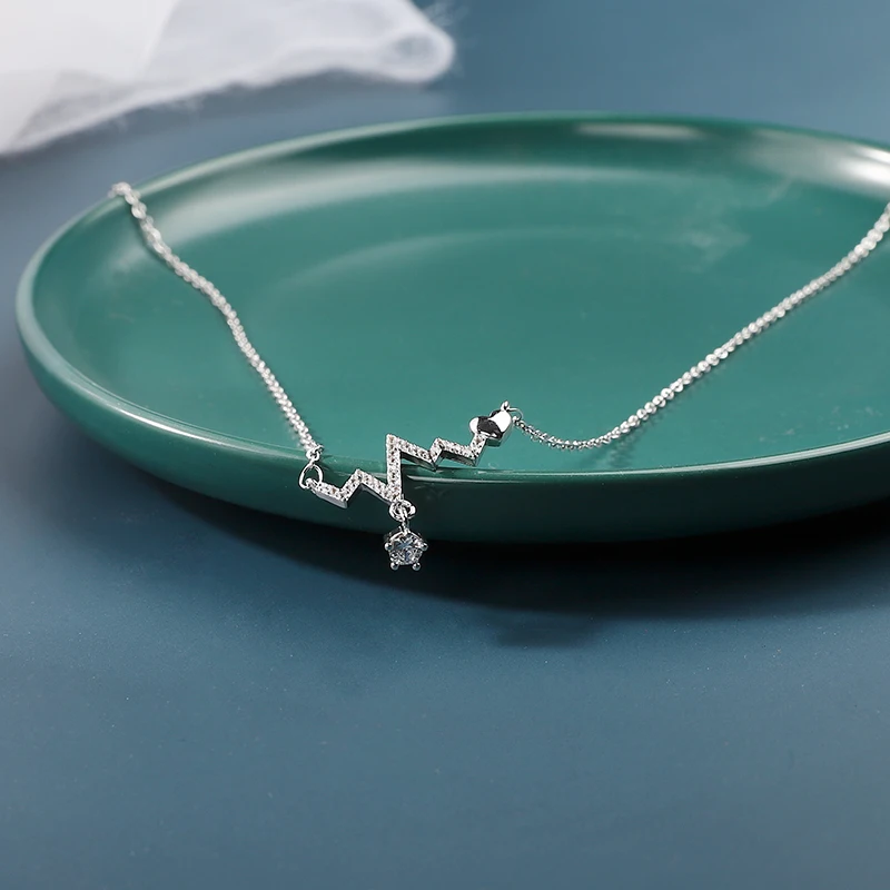 

925 Sterling Silver Flash Diamond Heartbeat Pendants Necklace Temperament Women clavicle chain for Wedding Gift