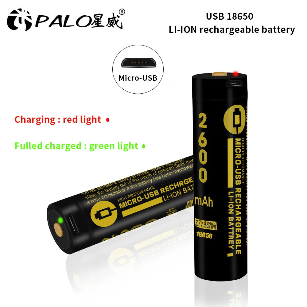 PALO micro USB 18650 литиевая батарея 2600 мАч 3 7 В литий-ионная аккумуляторная со