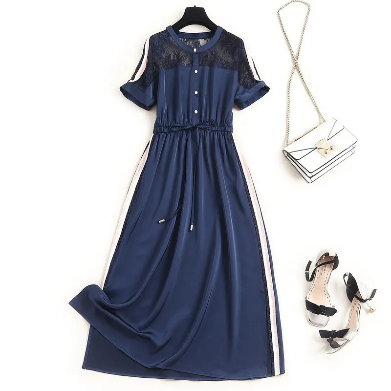 

2020 Summer Women Fashion Temperament O Neck Lace Stitching Knitted Short Batwing Sleeve Drawcord Tie Waist Long Dress