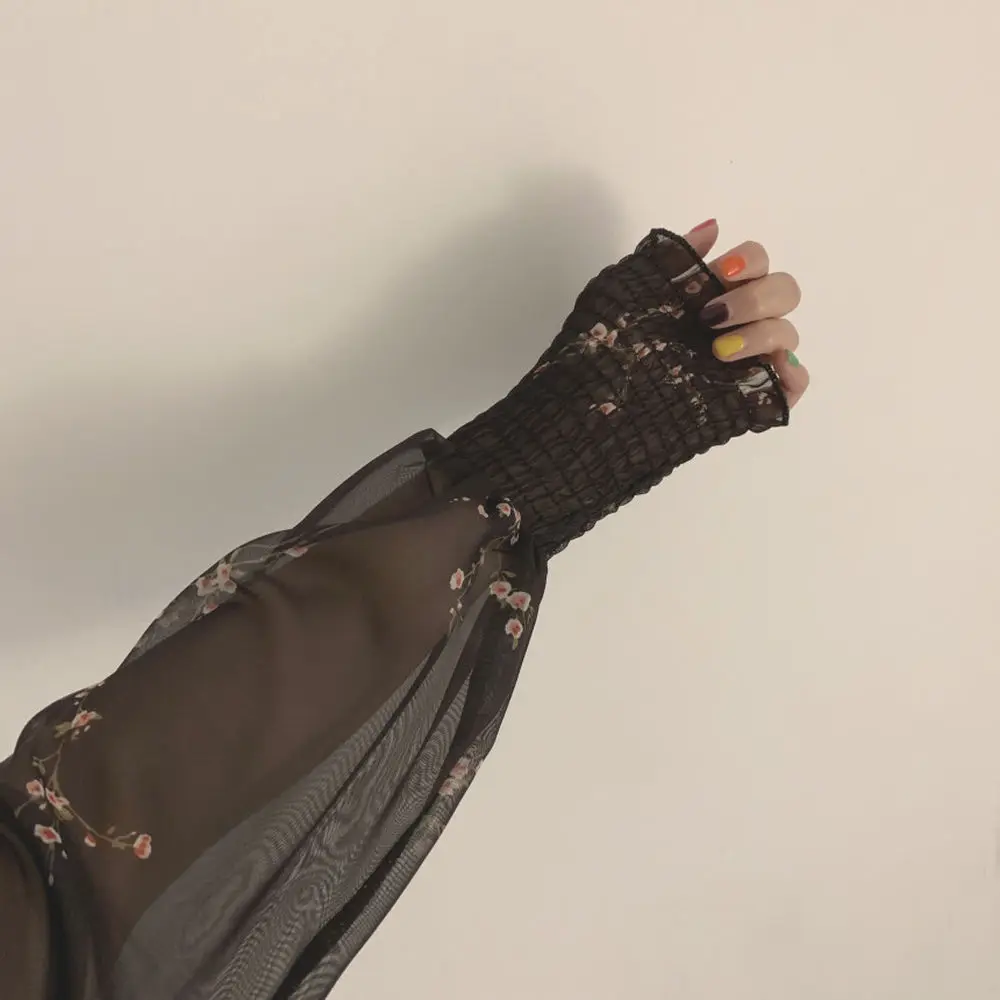 

2021 Autumn Womens Sexy Black Dress Vintage Flower Long Puff Sleeve Chiffon Dresses Korean Casual Mini Vestidos Mujer Clothes
