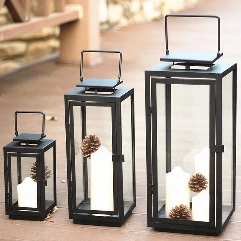 

European Metal Iron Candlestick Glass Lanterns Candle Holder Windbreak Wedding Props Home Centerpieces Decoration