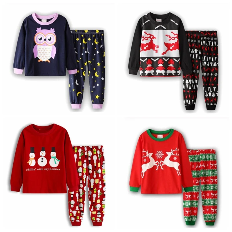 

Новый 100% хлопковый мультяшный Пижамный костюм Рождественская одежда для маленьких девочек и мальчиков детские пижамные комплекты одежда для сна с длинным рукавом Домашняя одежда женская