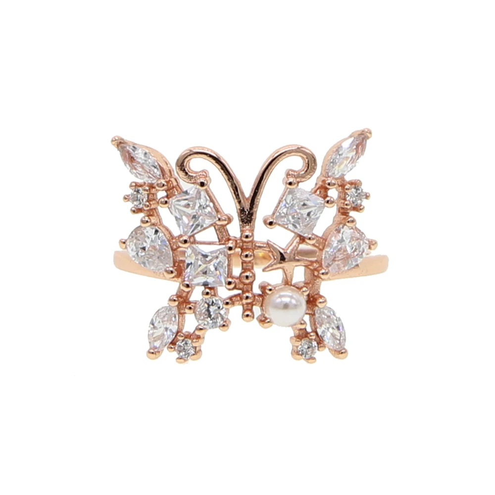 Роскошное кольцо с бабочкой розовое золото микро паве Белый cz Сверкающее большое