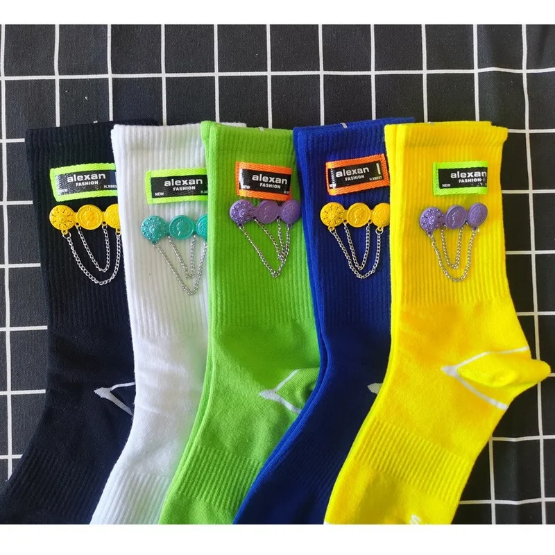

Spring and Autumn New Cloth Label Pin Chain Personality Trendy Ladies High Tube Socks Harajuku Accessories