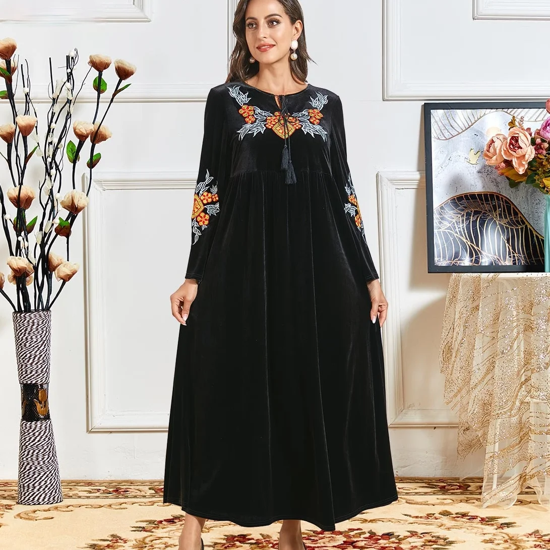 2021 Muslim Spring and Autumn Women's Dress Blue Plush Gold Velvet Ethnic Embroidery Casual Comfortable Long Dress Arab Robe
