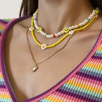 high street imitation pearl yellow beaded chokers necklace for women ladies metallic love heart pendant necklace accessories