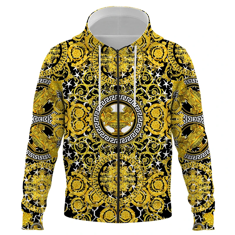 

Golden gold flower Hoodies 3D Printed Sweatshirt Men Women Fashion Zipper Hoodie Harajuku Streetwear luxury winter Jackets