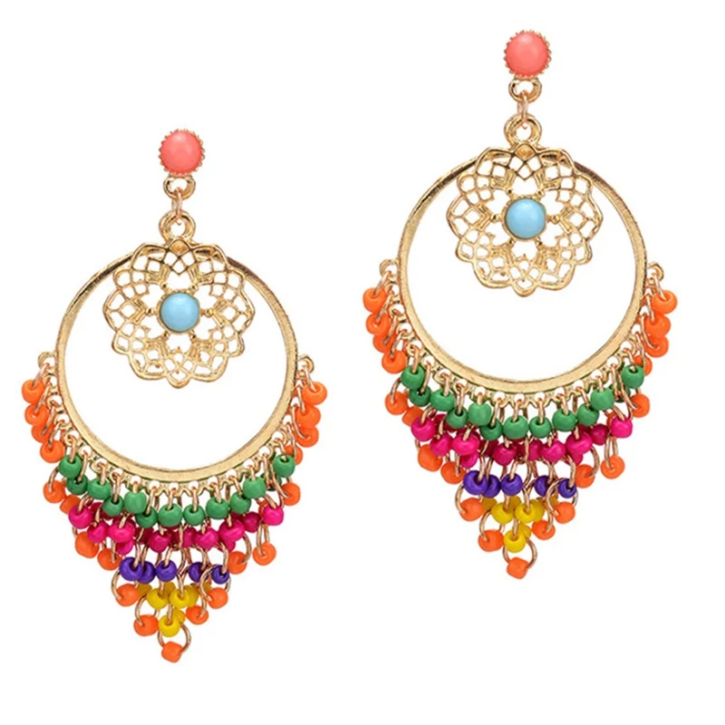 

New Ethnic Indian Exaggerated Gold ColorResin Beaded Statement Long Dangle Earrings for Women Boho Party Jewelry Gift