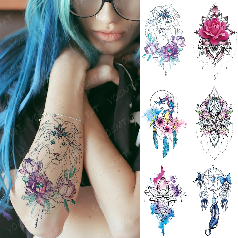 

Waterproof Temporary Tattoo Sticker Lion Crown Lotus Flower Flash Tatto Unicorn Body Art Arm Water Transfer Fake Tatoo Women Men
