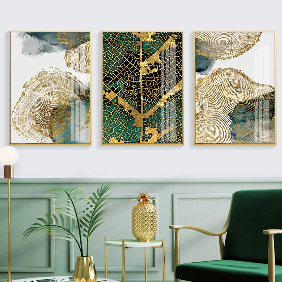 Modern Abstract Gold Green Leaf Trail Annual Ring Poster Canvas Painting Wall Art Prints Picture Living Room Bedroom Home Decor | Дом и сад