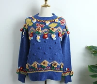 retro round neck small wool ball sweater womens loose 3d flower knitwear jacquard hook flower sweate 2022 autumn winter thicke