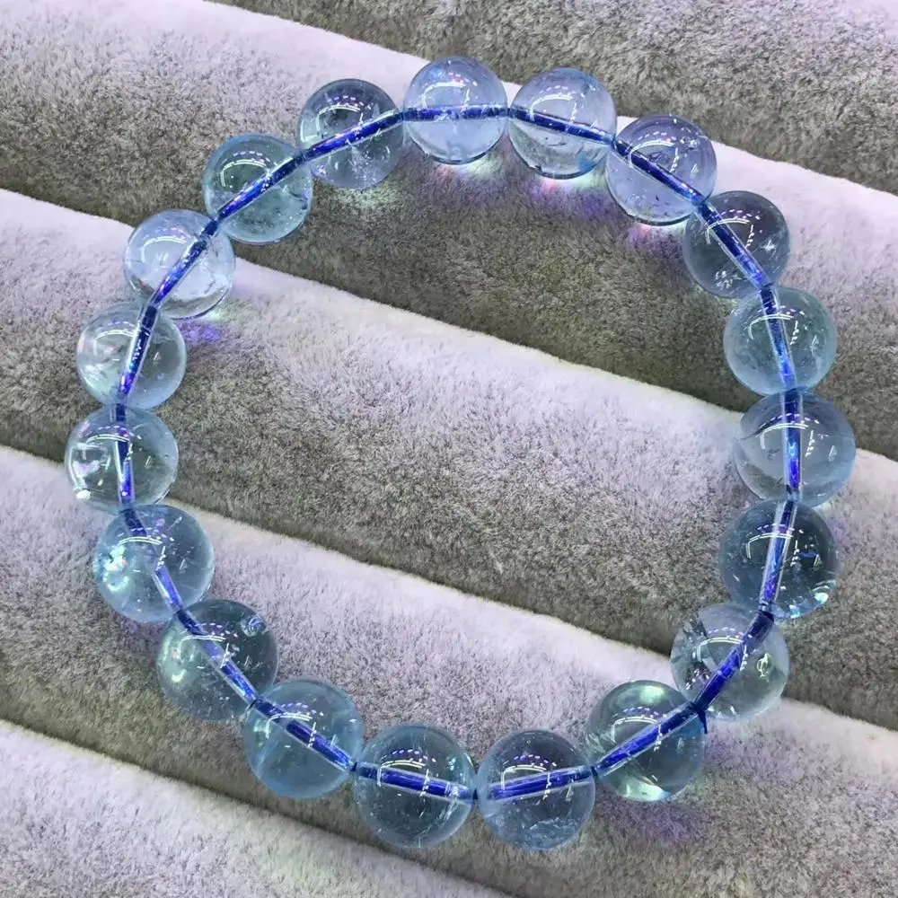 Natural Blue Topaz Crystal Clear Round Beads Bracelet 10.5mm Woman Men Topaz Stretch Genuine AAAAAA