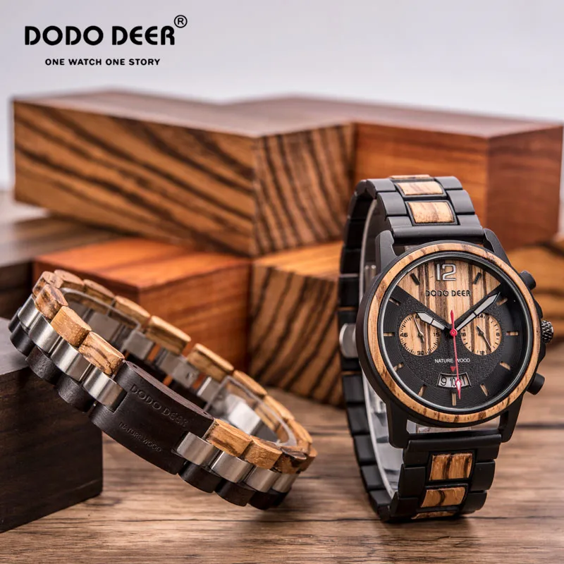 DODO DEER Wooden Watches for men stainless steel wood bracelet chronograph calendar business watch Dropshipping часы мужские