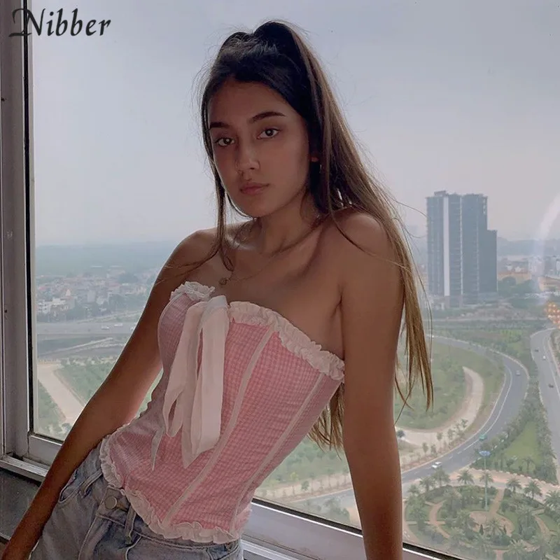 Розовый NIBBER, осенний, Harajuku, розовый, без бретелек, с бантом, Тонкий Топ, женский, короткий, камзол,, винтажный, клетчатый, элегантный, облегающий жилет, тройники - Цвет: Розовый